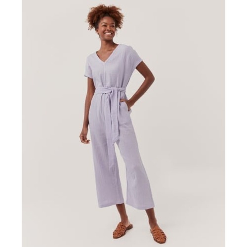Pact Organic Cotton Gauze Jumpsuit Lavender V-Neck Belted Wide Leg Purple Small